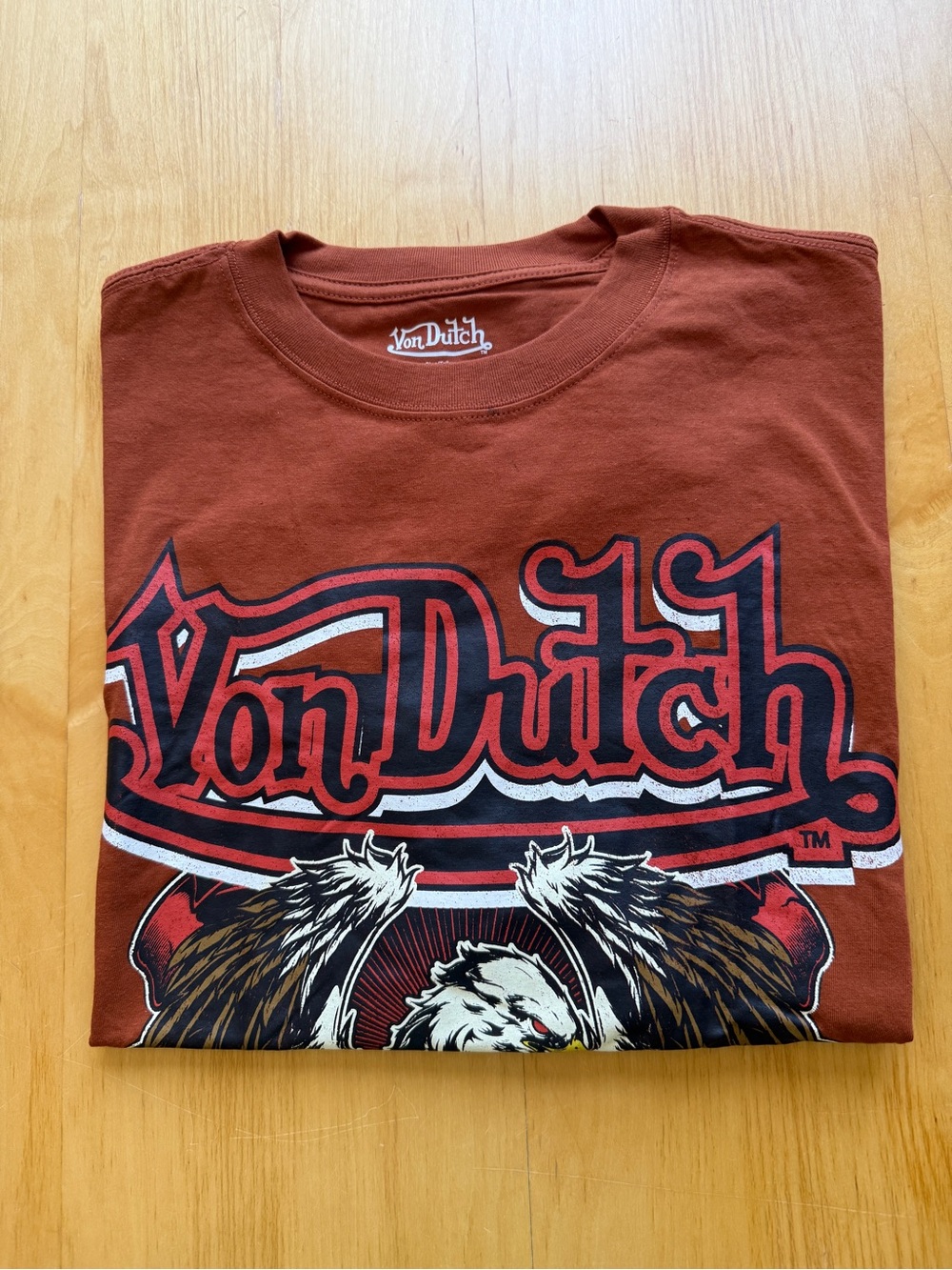 Von Dutch Graphic Eagle Skull T-Shirt Men’s Large Brown Y2K Biker Streetwear NWT